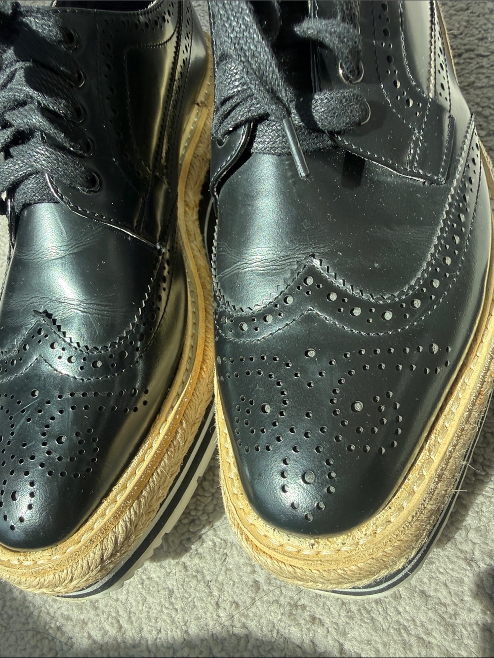 Prada Black Leather Brogues with Natural Tan Platform Sole - Picture 9 of 16